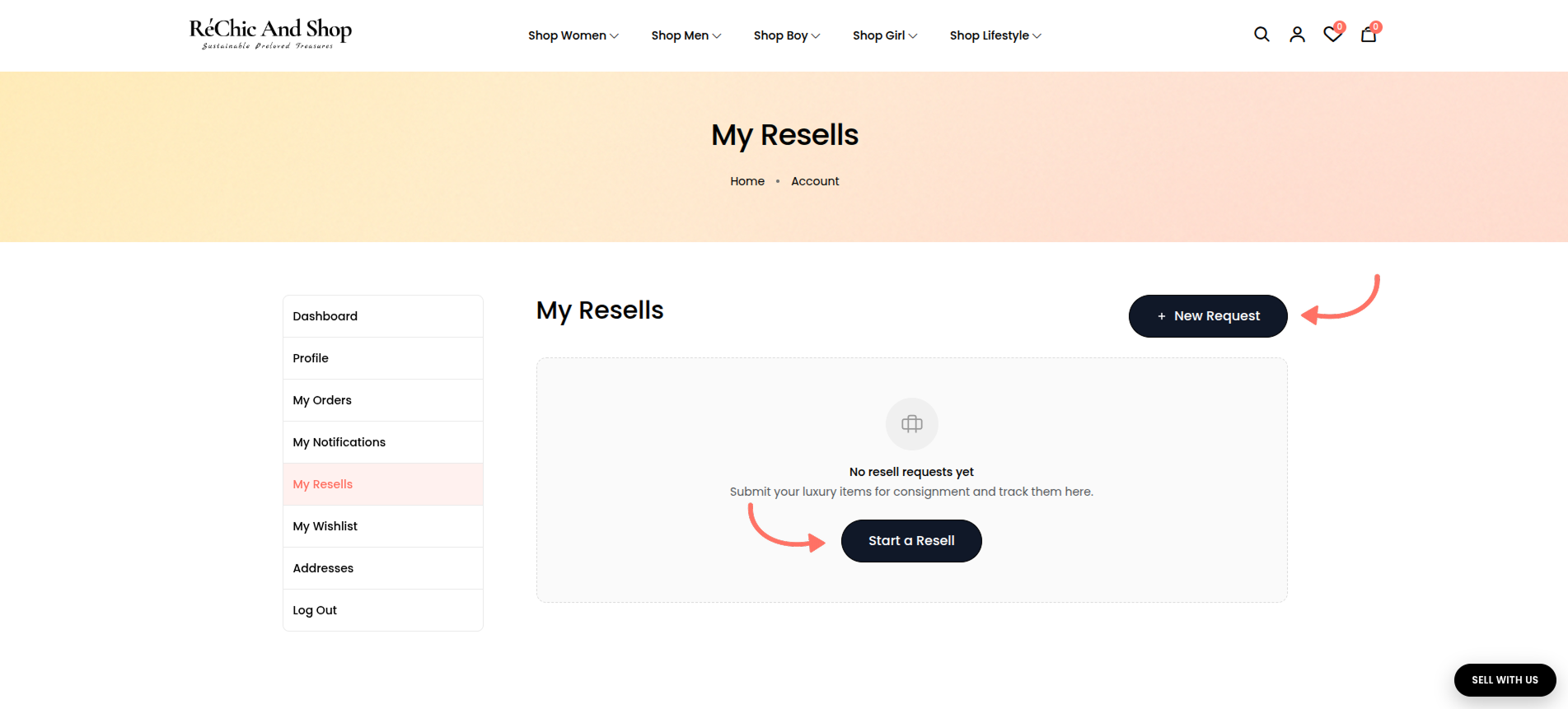 Click on `Start a Resell` to start selling your item